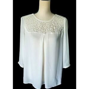 HD In Paris Ivory Cream Pleated Laser Cut Yoke Chiffon 3/4 Sleeve Dressy Top 4